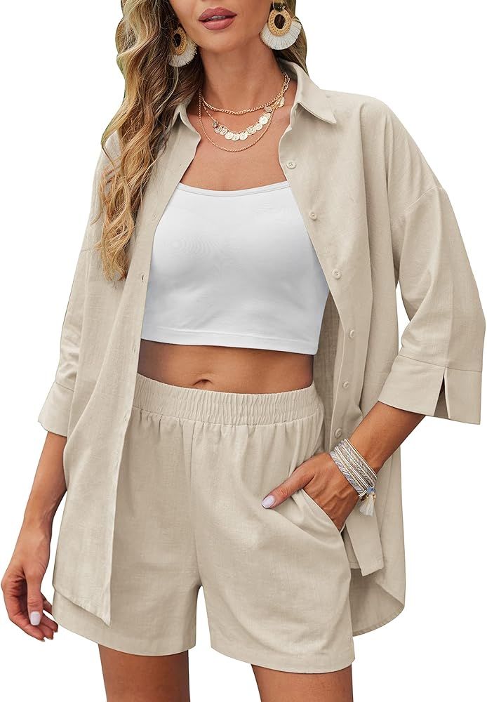 Zeagoo Women Linen Sets 2 Piece Summer Outfits Beach Linen Shirt Elastic Waist Casual Shorts Set | Amazon (US)