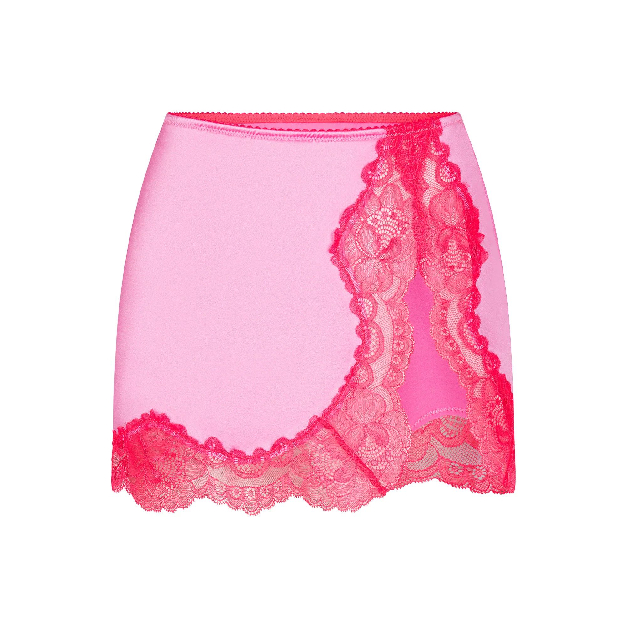 STRETCH SATIN LACE LOW RISE SLIP SKIRT | NEON ORCHID | SKIMS (US)