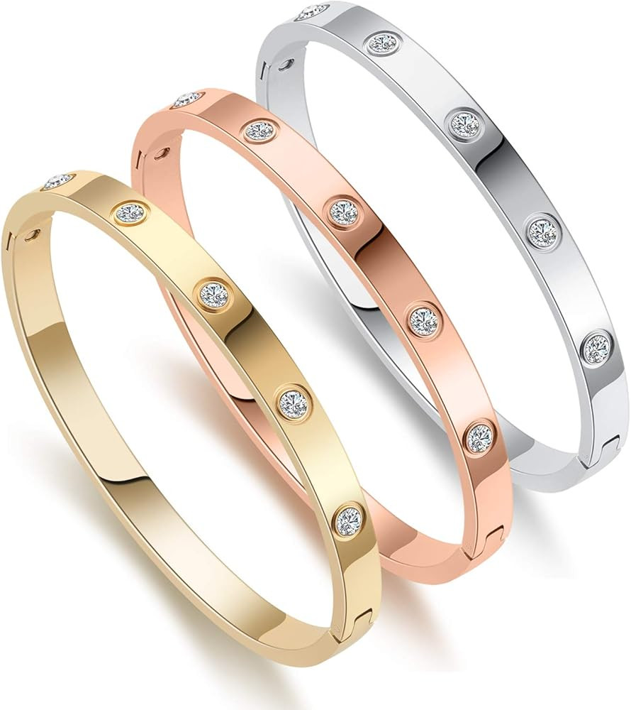 Chrishine Life Love Friendship Bracelet Bangle Gold Rose Gold Silver with Cubic Zirconia Stones Stai | Amazon (US)