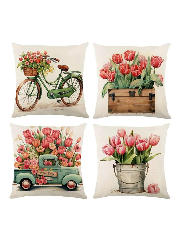 4pcs/Set Pink Tulip Green Theme Pillow Cover, Modern Style, 45cm*45cm/17.72in*17.72in Square Line... | SHEIN
