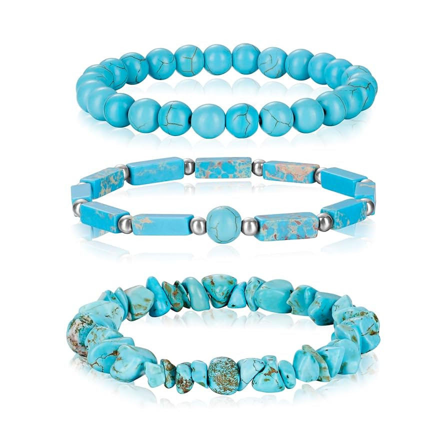3Pcs Turquoise Bracelet for Women Boho Turquoise Bead Bracelet Natural Stone Beaded Stretch Brace... | Amazon (US)