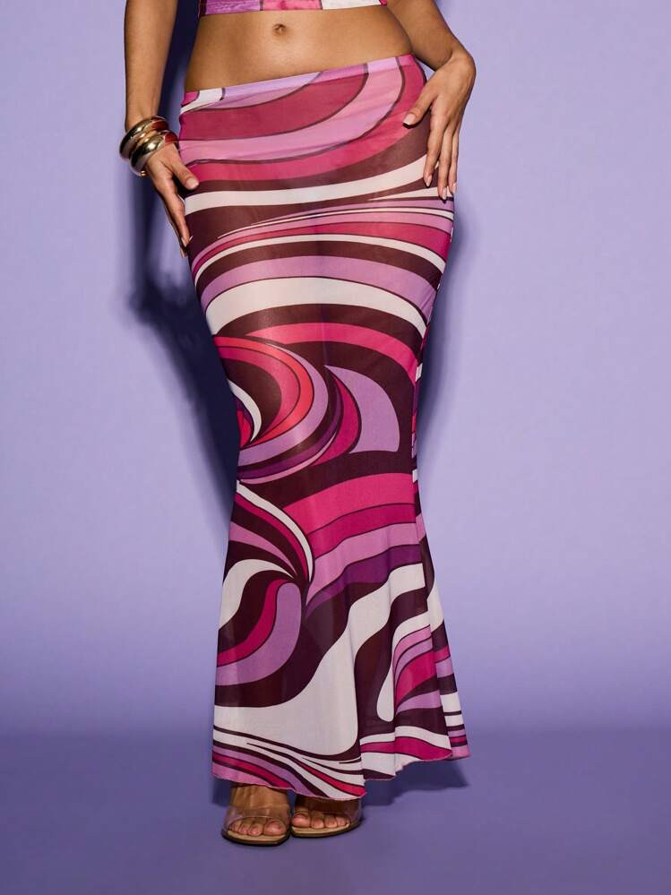 KIZN Retro Swirling Abstract Print Mesh Maxi Skirt Beach Cover Up Festival Fashion Long Layered F... | SHEIN