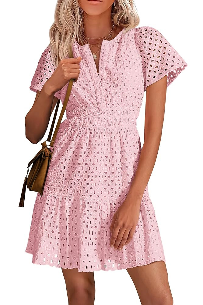PRETTYGARDEN 2025 Women Summer Short Dress V Neck Short Sleeve A Line Hollow Out Lace Ruffle Cute... | Amazon (US)