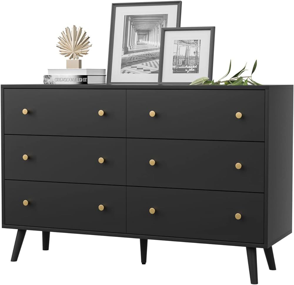 SINROM Dresser for Bedroom, Modern Black Dresser with 6 Drawers, Wide Chest of Drawers with Gold ... | Amazon (US)