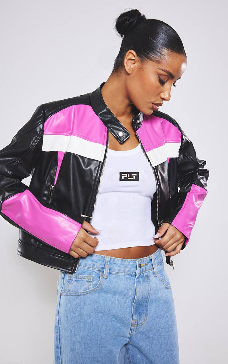 Black And Pink Quilt Detail Cropped Faux Leather Biker Jacket | PrettyLittleThing US