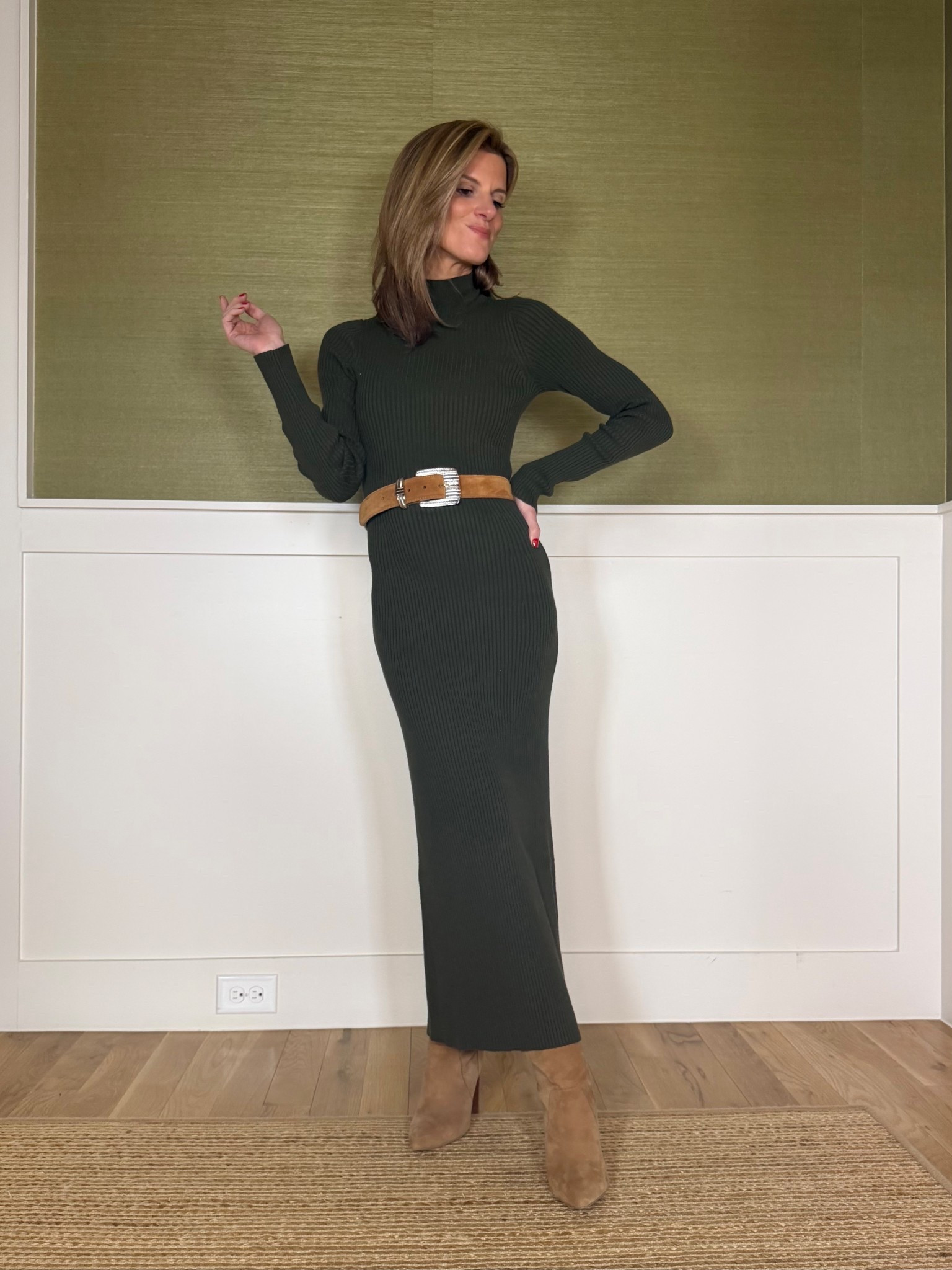 Green long sleeve knit dress (wearing XS) with tan western belt 
