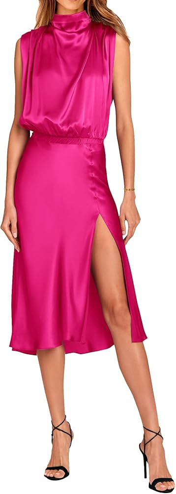 PRETTYGARDEN Women Summer Formal Mock Neck Sleeveless Satin Dress Elastic Waist Slit Midi Wedding... | Amazon (US)