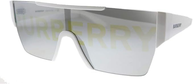 Burberry BE 4291 3007/H White Plastic Rectangle Sunglasses Silver Burberry Logo Lens | Amazon (US)