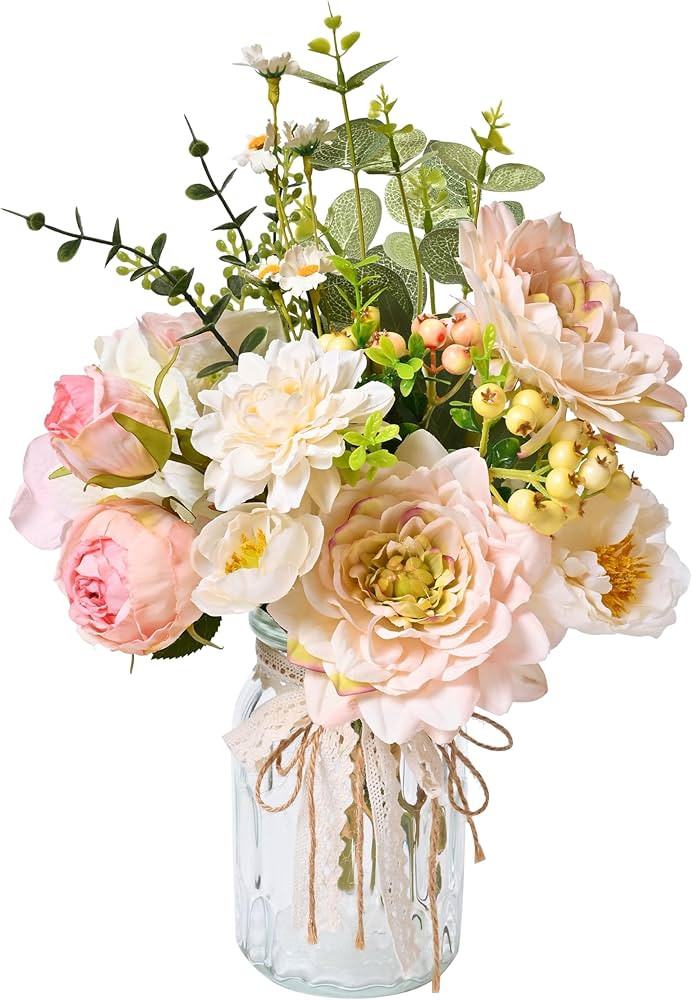 LUEUR Artificial Hydrangea in Vase for Home Decor, Fake Silk Pink Flower Bouquet Artificial Flowe... | Amazon (US)