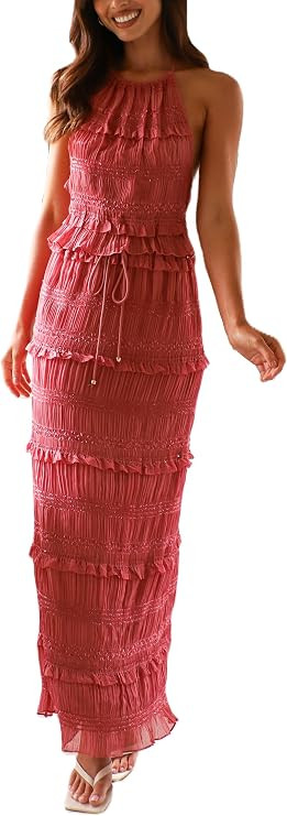 Y2k Maxi Skirt Sets 2 Piece Outfit for Women Flowy Ruched Ruffle Long Skirts and Backless Halter ... | Amazon (US)
