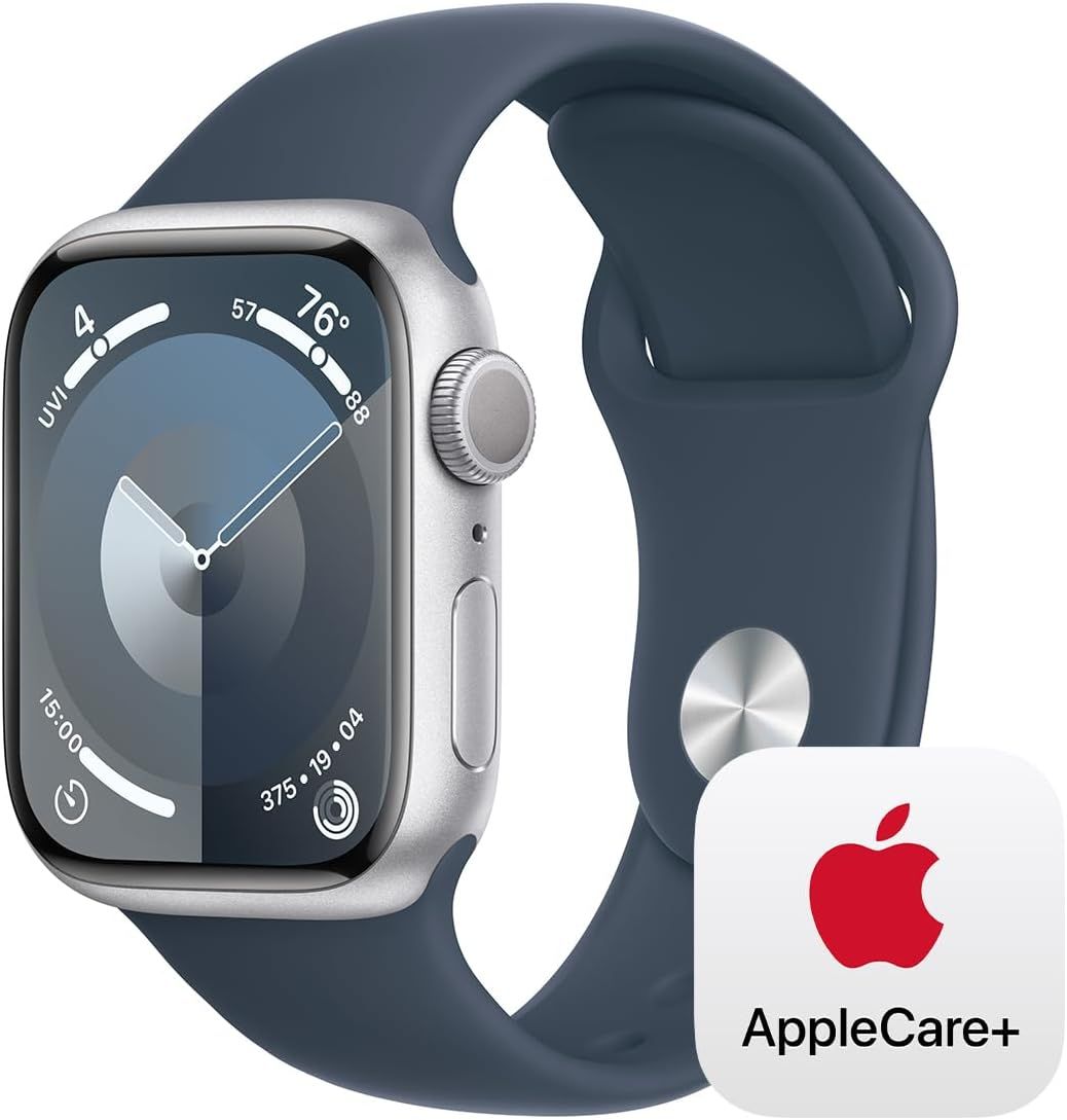 Apple Watch Series 9 GPS 41mm Silver Aluminum Case with Storm Blue Sport Band - S/M with AppleCar... | Amazon (US)