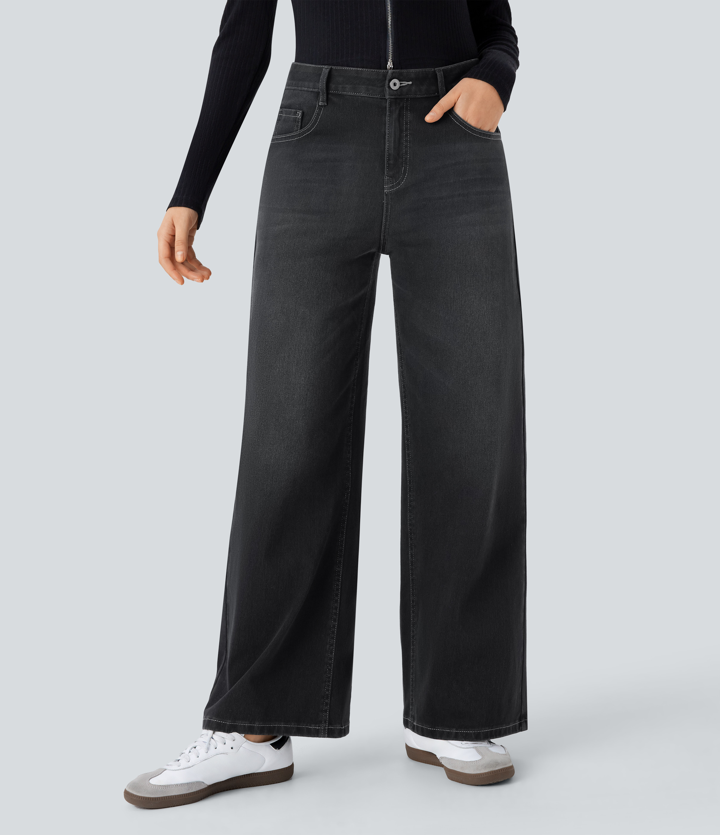 Halara Halara Flex™ Low Rise Zipper Pockets Washed Baggy Wide Leg Casual Jeans - Dirty Black Denim - XL(regular) | HALARA