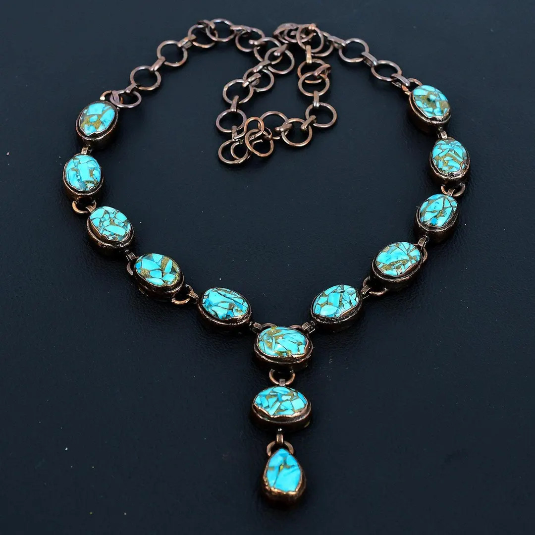 Blue Turquoise Necklace, Copper Blue Turquoise Electroformed Necklace, Adjustable Chain Necklace ... | Etsy (US)