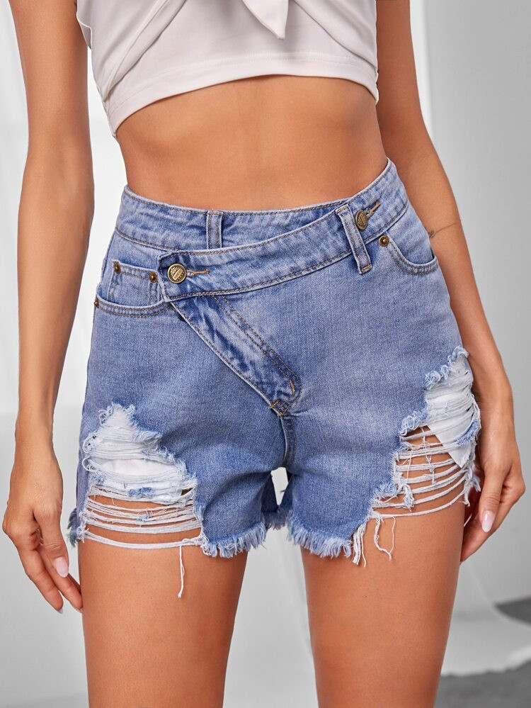 Asymmetrical Waist Ripped Denim Shorts | SHEIN