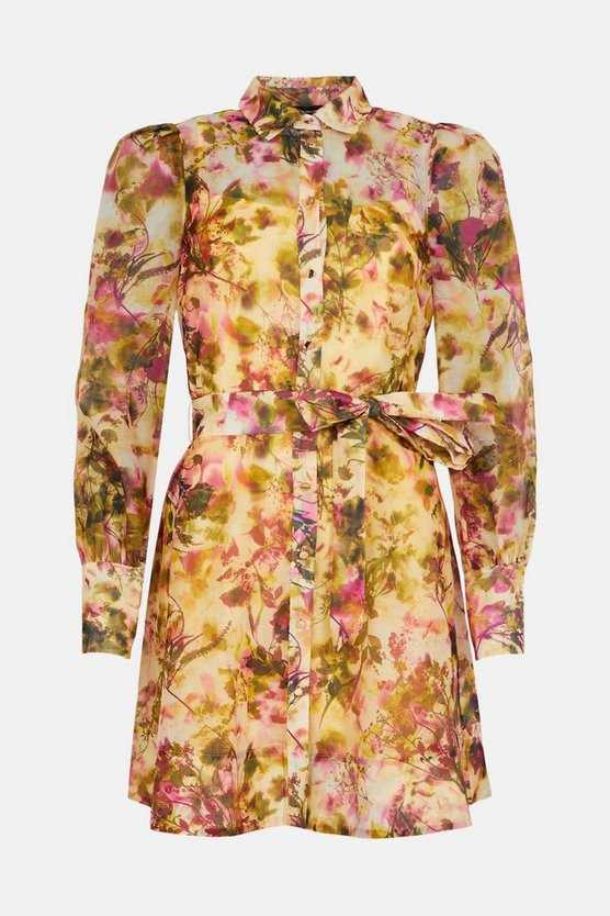 Floral Organdie Woven Short Mini Shirt Dress | Karen Millen UK & IE