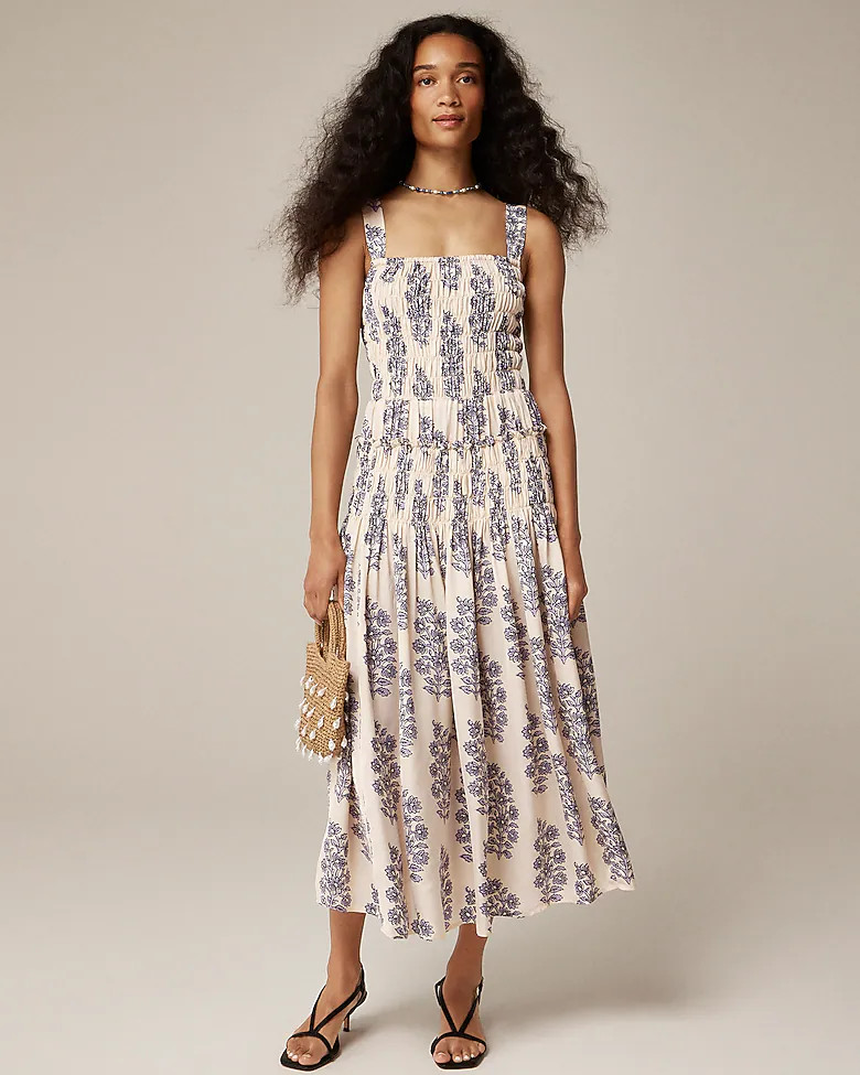 Smocked-bodice midi dress in blooming lilac block print | J. Crew US