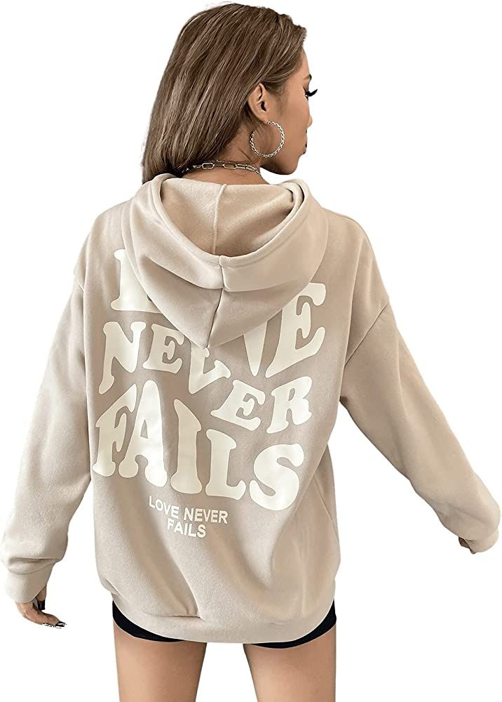 Floerns Women's Letter Graphic Print Long Sleeve Drawstring Hoodie Sweatshirt A Khaki L at Amazon... | Amazon (US)