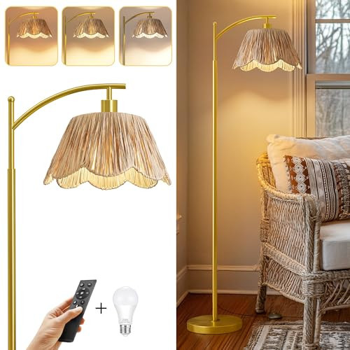 Oneach Boho Floor Lamp with 3 Color Temperatures, Farmhouse Floor Lamps for Living Room with Remote & Dimmable Bulb, Rattan Floor Lamp for Bedroom, Gold | Amazon (US)