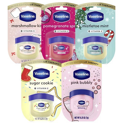 Vaseline Holiday Limited Edition Lip Balm 0.25oz Pomegranate Spritz + Sugar Cookie + Marshmallow Kiss + Mistletoe Mint + Pink Bubbly Cutie | Target