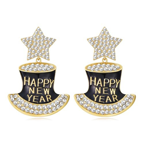 CLASSYZINT Happy New Year Earrings For Women Gold Drop Hat Earrings with Star & Rhinestones Accents Festive Holiday Drop Jewelry Gifts | Amazon (US)