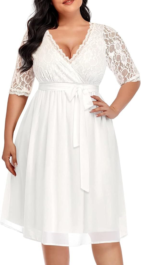 Pinup Fashion Plus Size Lace Chiffon Wrap V Neck Dresses Women Cocktail Wedding Guest Midi Dress | Amazon (US)