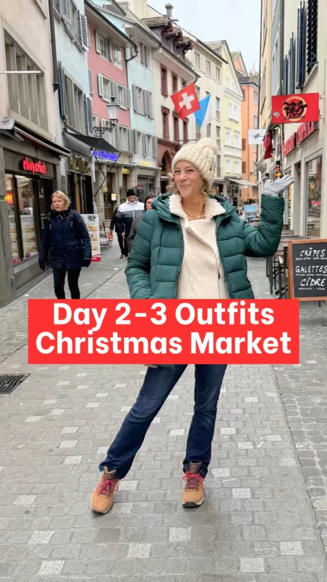 2 winter outfits I wore to Christmas Markets in 
Zurich Switzerland 💙 
Outfit Number 1 includes: 
This cozy and chic sweater from Chico's has these feminine details 
with the asymmetrical moto zipper. I love the collar texture that is like 
velvet. 
It feels like a blanket yet can look pulled together. Style tip: wear it 
with creamy white denim as a winter outfit. 
2.I wore the Quince white tee (not 
see-through) underneath untucked. 
3.The Melinda Marie necklace with 
diamondettes sparkles with all of the Christmas lights. 
4.Waterproof boots that feel like sneakers (no arch inserts needed) 
Outfit Number 2 2 included these pieces:
5.Baleaf water-repellent pants that come in 3 sizes (but it was cold 
so I should have worn my fleece-lined pants.
6.Water-resistant winter jacket with backpack straps for our excursion 
by Rhein Falls (amazing and just an hour from Zurich)
7.Fleece jacket from REI that retains your body heat
On Cloud waterproof sneakers with a rugged sole for stable 
footing on cobbled streets. 

👨🏼‍✈️I’m a Houston pilot wife sharing tips to help you “travel the globe 
without a worry in the world” on YTube and IG. #traveloutfits 
#traveloutfits #whatiwore winter travel outfits over 40 
comfortable travel outfits women, over 40 travel style, Chicos 
travel outfits, Quince outfits, Columbia boots, elevated casual outfits, winter walking outfits, travel style ​⁠ ​⁠

#LTKHoliday #LTKOver40 #LTKTravel