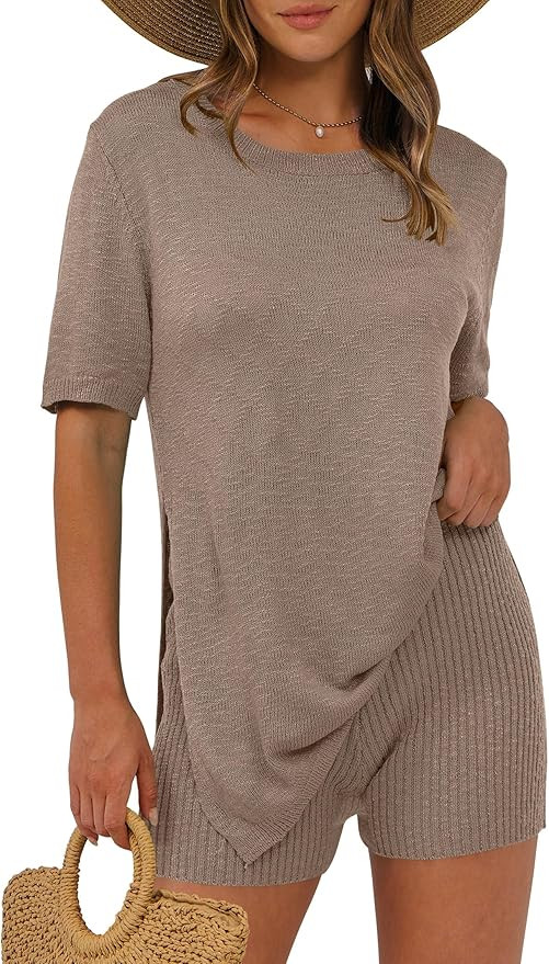 ANRABESS Women Summer 2 Piece Outfits Knit Short Sets Casual Sweater Top & Shorts Matching Lounge... | Amazon (US)