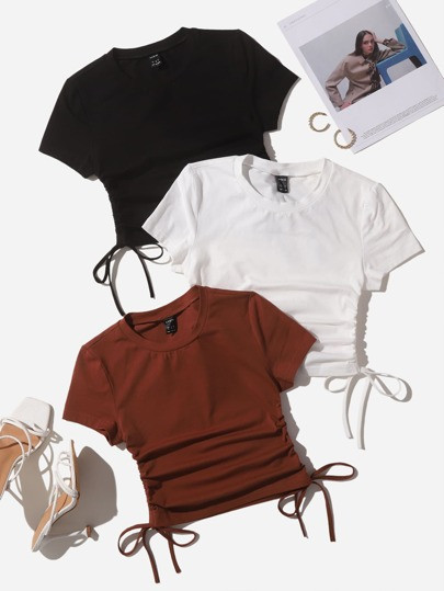 SHEIN EZwear 3pcs Drawstring Ruched Side Tee | SHEIN