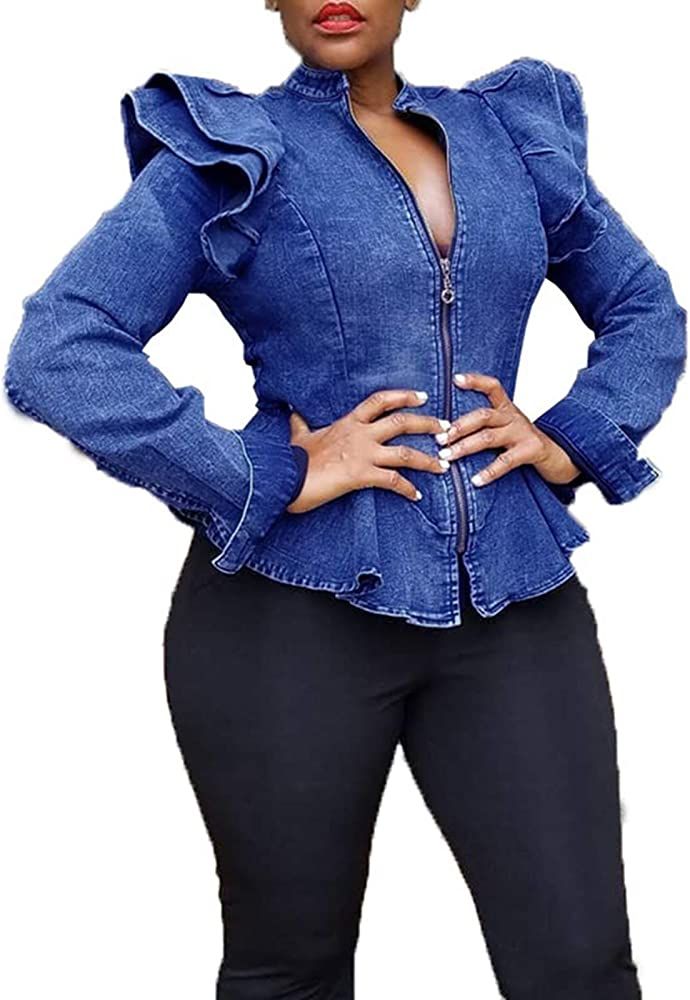 ECHOINE Women Casual Denim Jacket - Long Sleeve Zip Ruffle Shoulder Jean Jackets Peplum Coat Plus... | Amazon (US)