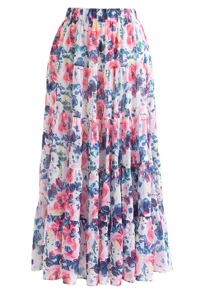 Floral Blossom Watercolor Ruffle Maxi Skirt in Pink | Chicwish