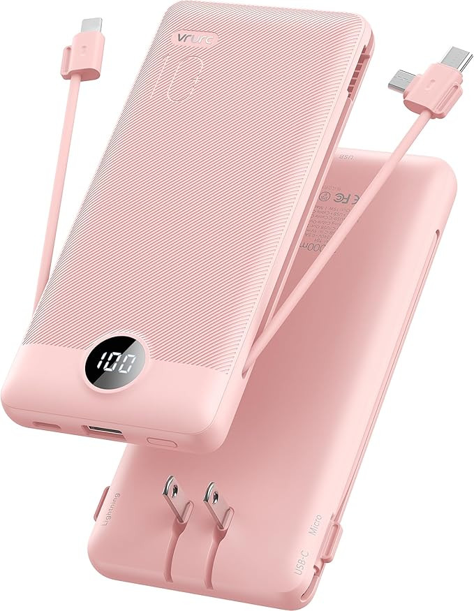 VRURC Portable Charger Built-in Cables and AC Wall Plug,USB C Power Bank 10000mAh, Travel Essenti... | Amazon (US)