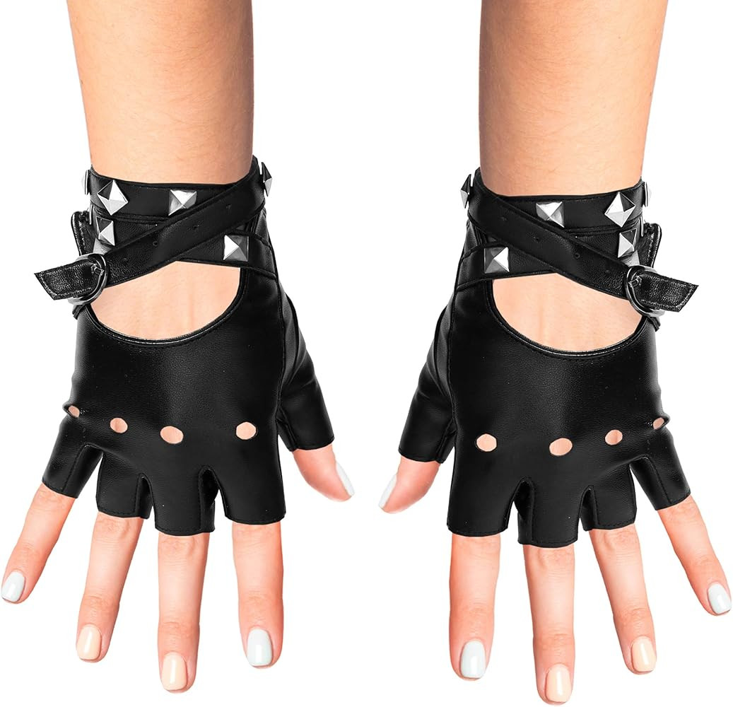 Skeleteen Fingerless Faux Leather Gloves - Black Biker Punk Gloves with Belt Up Closure and Rivet... | Amazon (US)