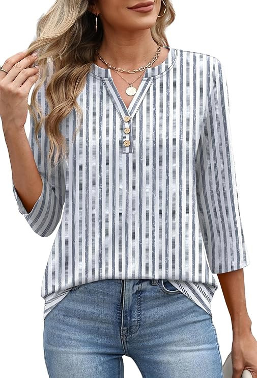 XIEERDUO 3/4 Length Sleeve Womens Tops Fashion Clothing V Neck T Shirts Dressy Blouses Business C... | Amazon (US)