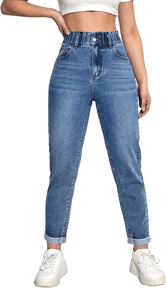 SweatyRocks Women's High Elastic Waist Mom Jeans Casual Tapered Cropped Denim Pants | Amazon (US)