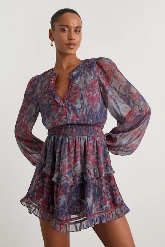 Variah Blue Multi Boho Print Long Sleeve Mini Dress | Lulus