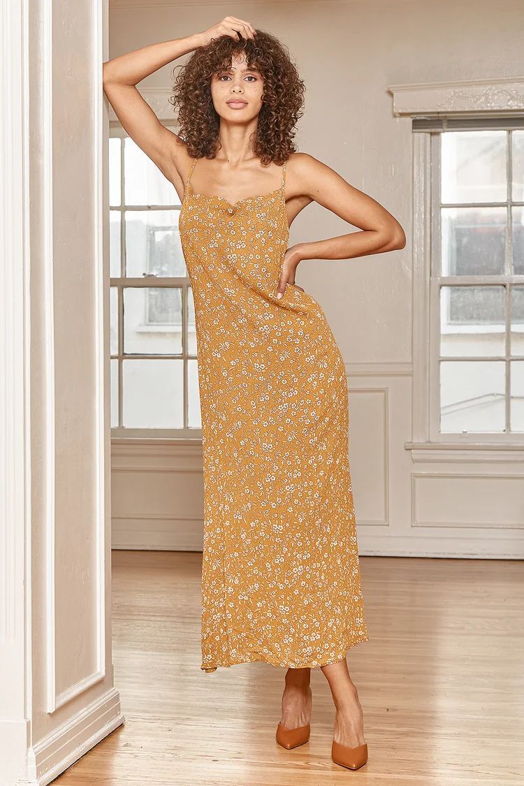 Would Be Love Dark Mustard Floral Print Maxi Slip Dress | Lulus (US)