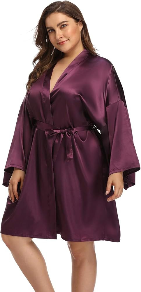 Women's Plus Size Satin Robes Short Silky Bathrobes Bridesmaid Party Dressing Gown | Amazon (US)