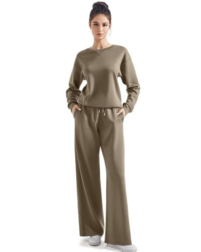 SUUKSESS Women Modal 2 piece outfits Oversized Sweatshirt Fall Lounge Set Wide Leg Pants Matching Sets (Khaki,XS) | Amazon (US)