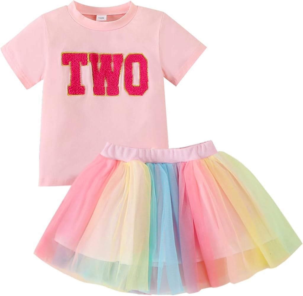 Toddler Kids Baby Girls Birthday Outfit Two/Three/Four/Five/Six T-shirt Rainbow Mesh Tulle Tutu Skirts | Amazon (US)