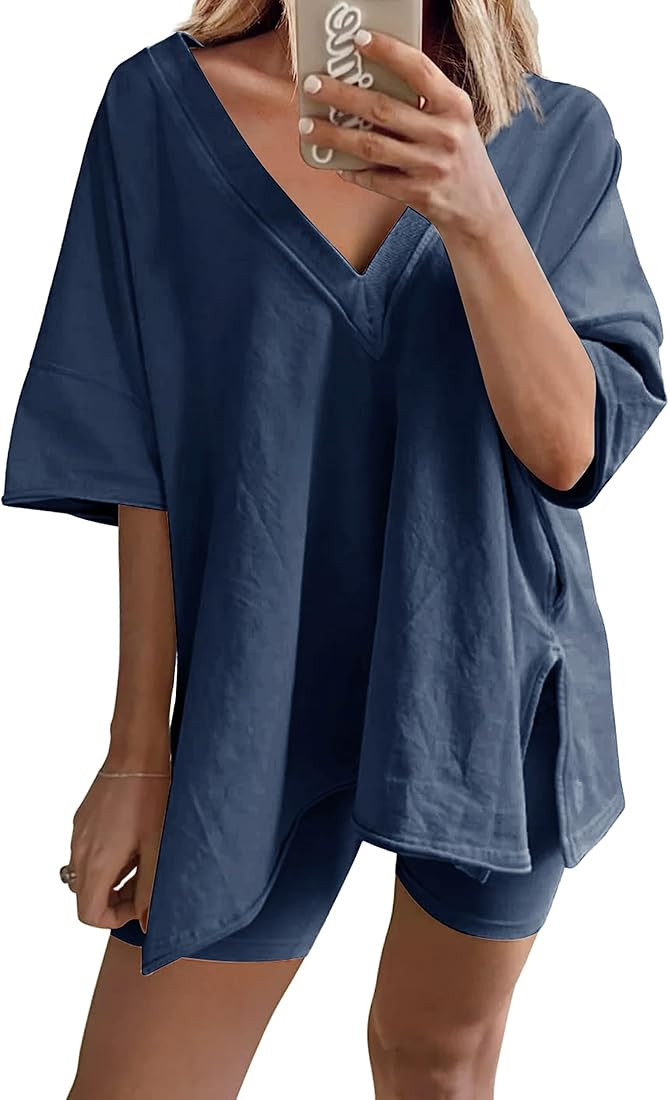 Womens Oversized 2 Piece Outfits Reversible Short Sets V Neck T Shirt Tops Biker Shorts Workout T... | Amazon (US)
