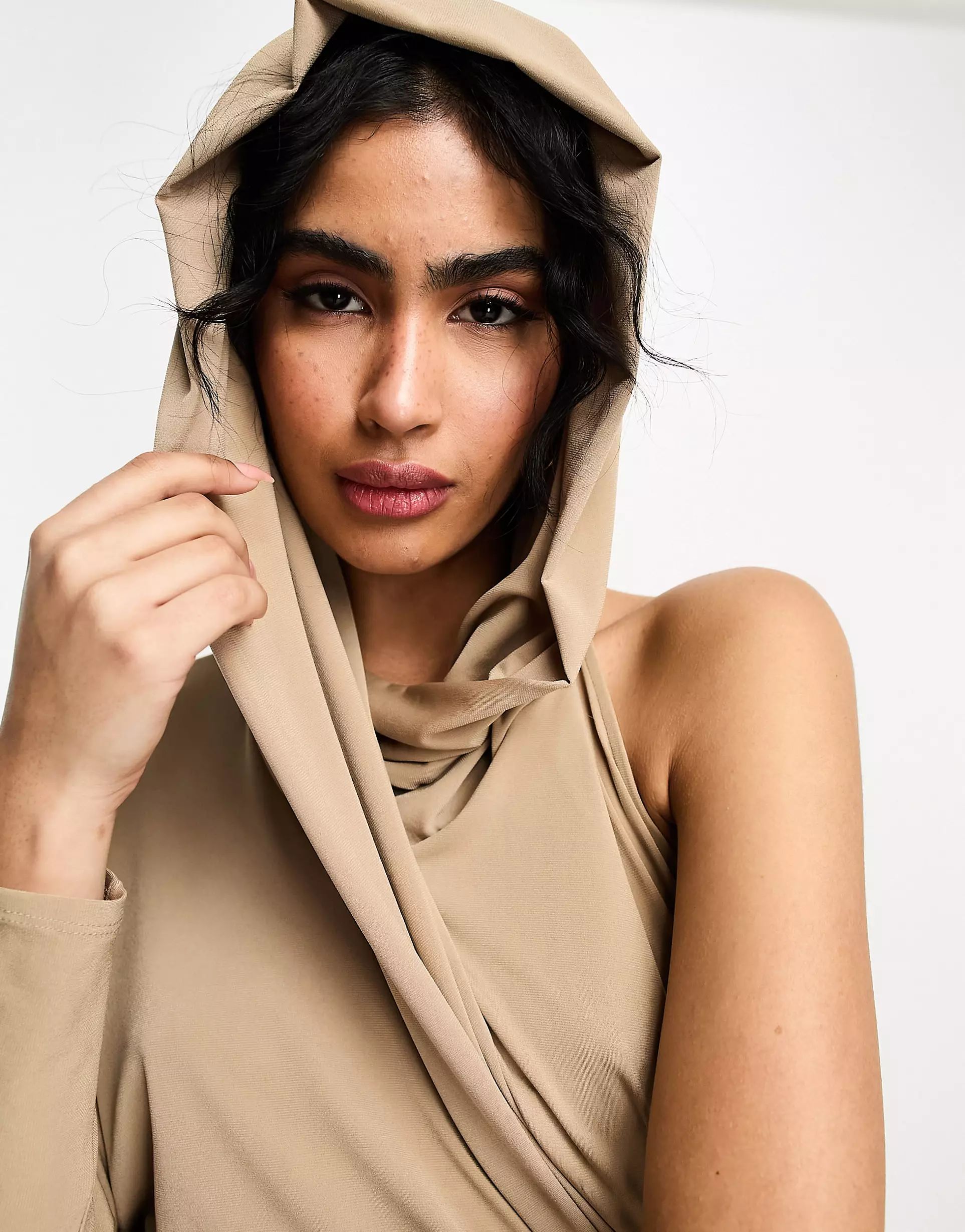 ASOS DESIGN one shoulder draped hood midi dress in mocha brown | ASOS (Global)