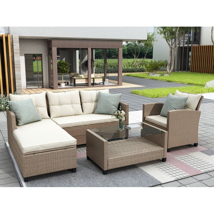 Eden 4 Piece Outdoor Conversation Set All Weather Wicker Sectional Sofa with Seat Cushions Patio ... | Target
