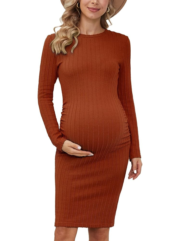 Women's B Shape Side Ruch Knit Ribbed Maternity Bodycon Dress/Midi Dress with Long Sleeves for Da... | Amazon (US)
