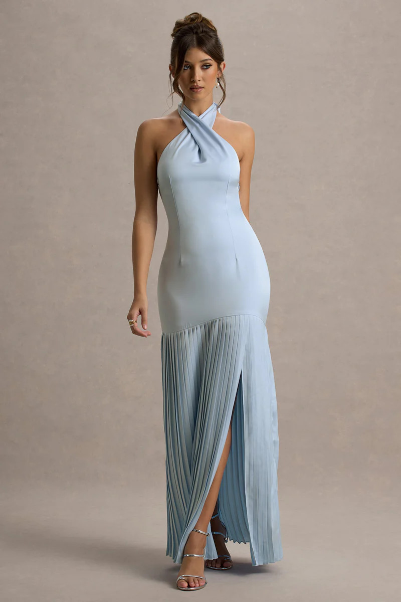 Sansa | Powder Blue Satin Cross Halter-Neck Plisse Maxi Dress | Club L London