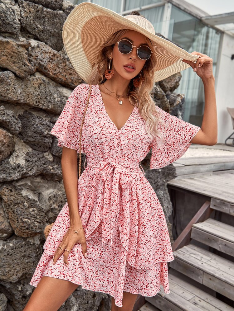 Ditsy Floral Print Self Tie Dress | SHEIN