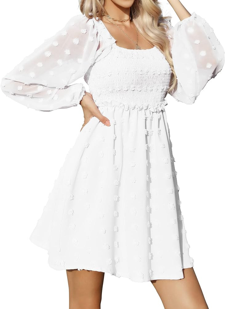 JUOIANTANG 2023 Women's Summer Long Sleeve Square-Neck Flowy Ruffled Swiss Dot A-Line Casual Dres... | Amazon (US)