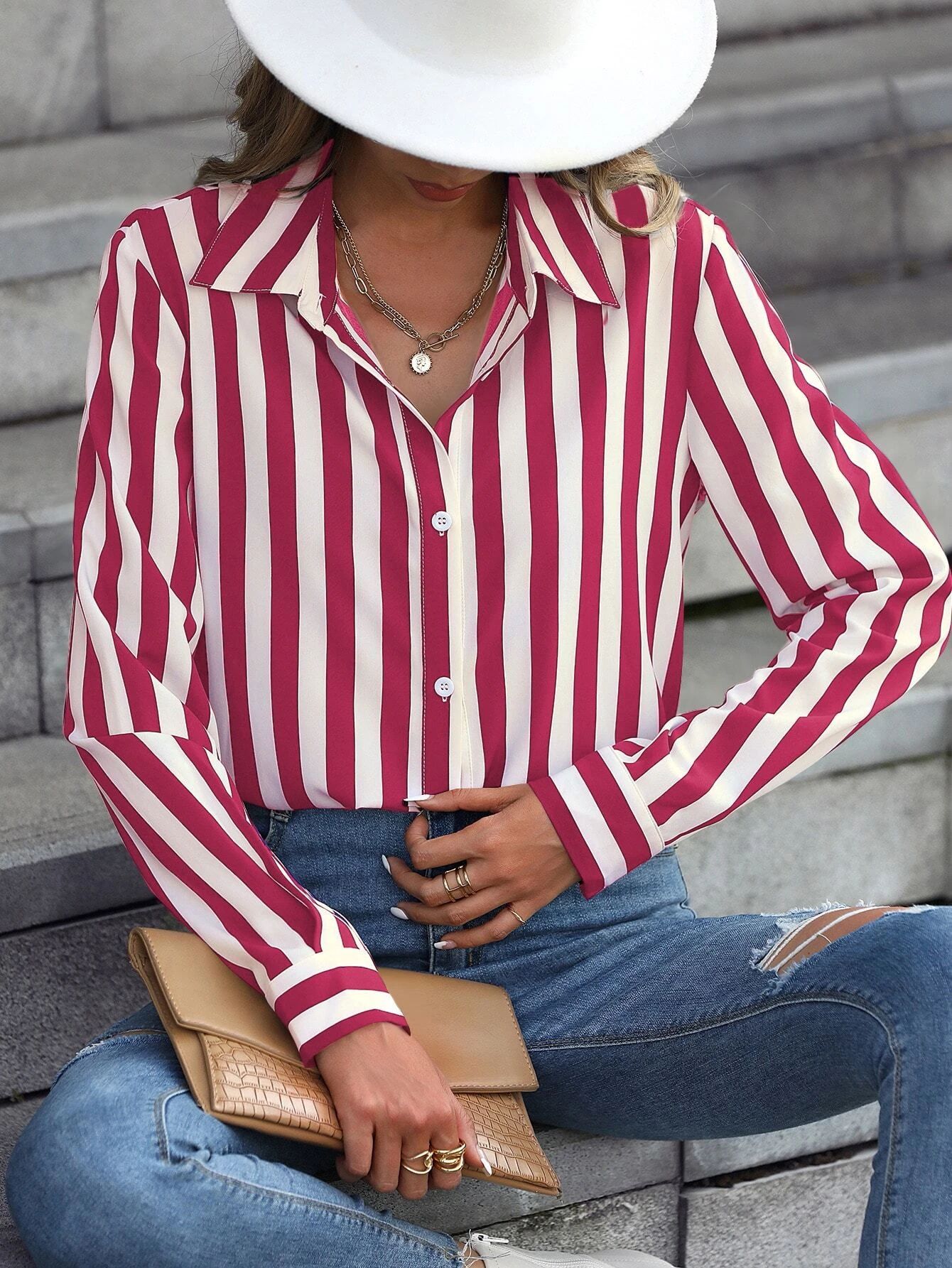 SHEIN LUNE Striped Print Button Front Shirt | SHEIN