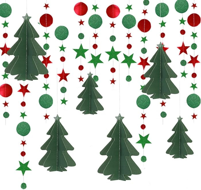 3D Christmas Tree Paper Streamers Banner Garland Party Decorations, Hanging Decor for Home Office | Amazon (US)