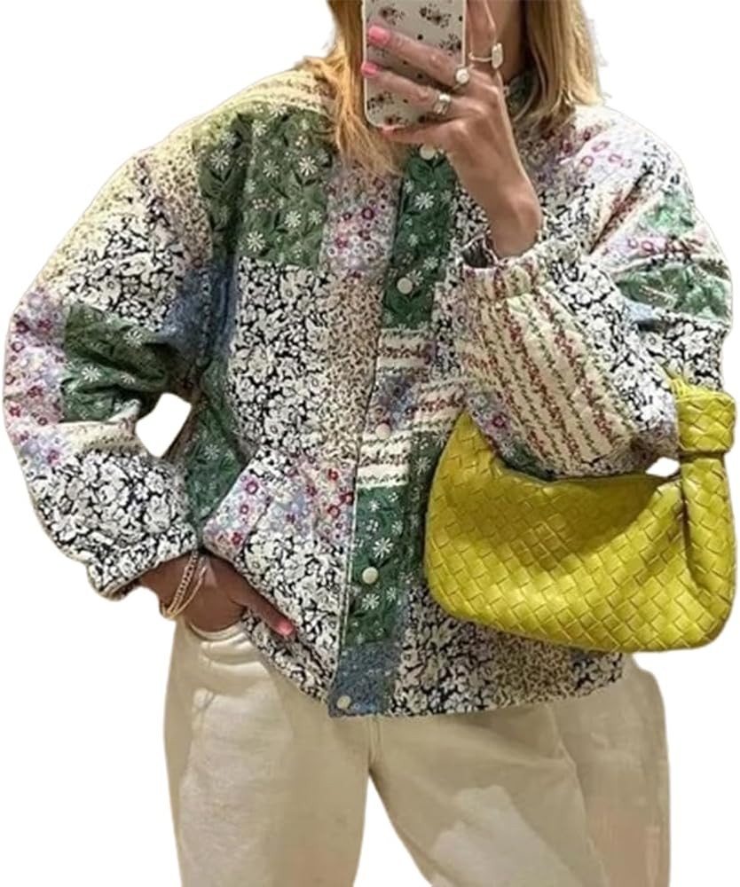 IMISSILLEB Women Retro Floral Quilted Jackets Long Sleeve Open Front Puffer Coat 2024 Fall Winter... | Amazon (US)