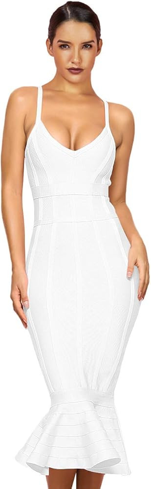 Maketina Women's Mermaid Spaghetti Strap V Neck Bodycon Midi Cocktail Bandage Dress | Amazon (US)